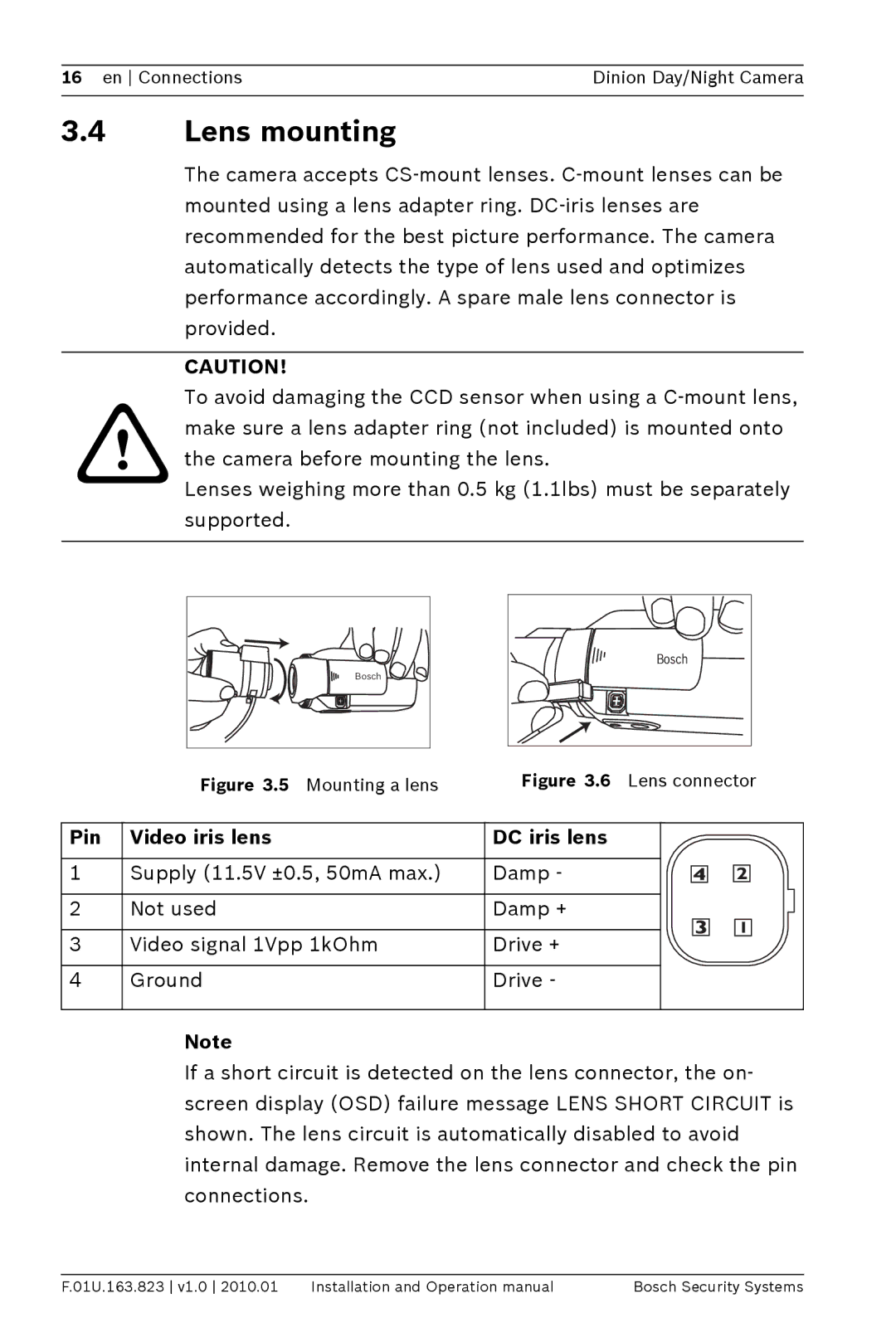 Bosch Appliances LTC0465 operation manual Lens mounting, Pin Video iris lens DC iris lens 