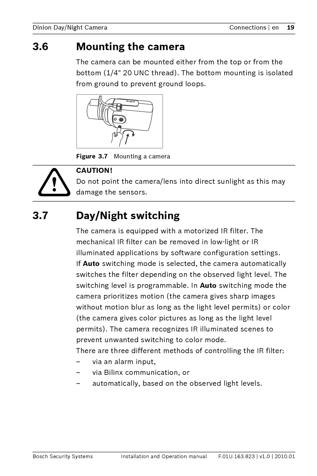 Bosch Appliances LTC0465 operation manual Mounting the camera, Day/Night switching 