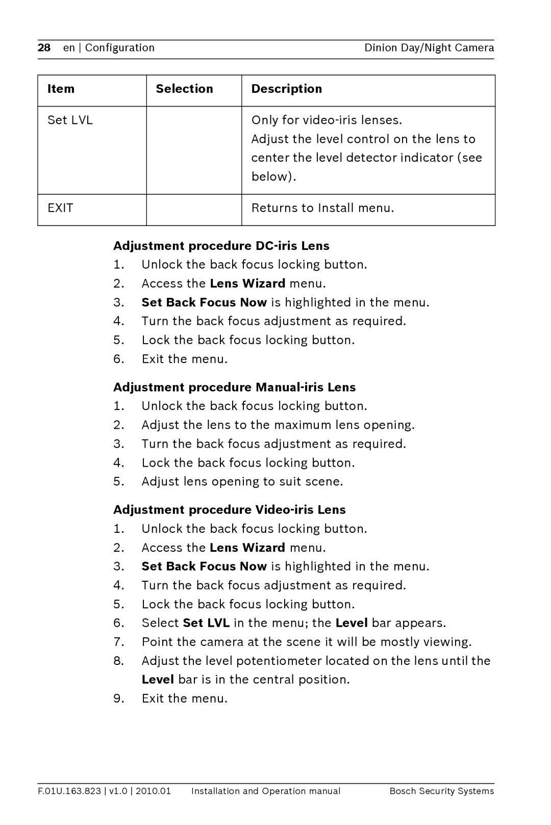 Bosch Appliances LTC0465 operation manual Adjustment procedure DC-iris Lens, Adjustment procedure Manual-iris Lens 