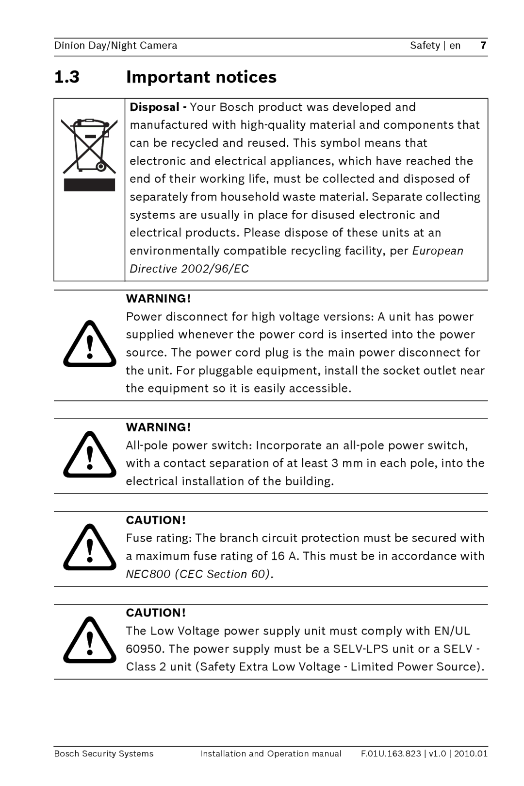 Bosch Appliances LTC0465 operation manual Important notices 