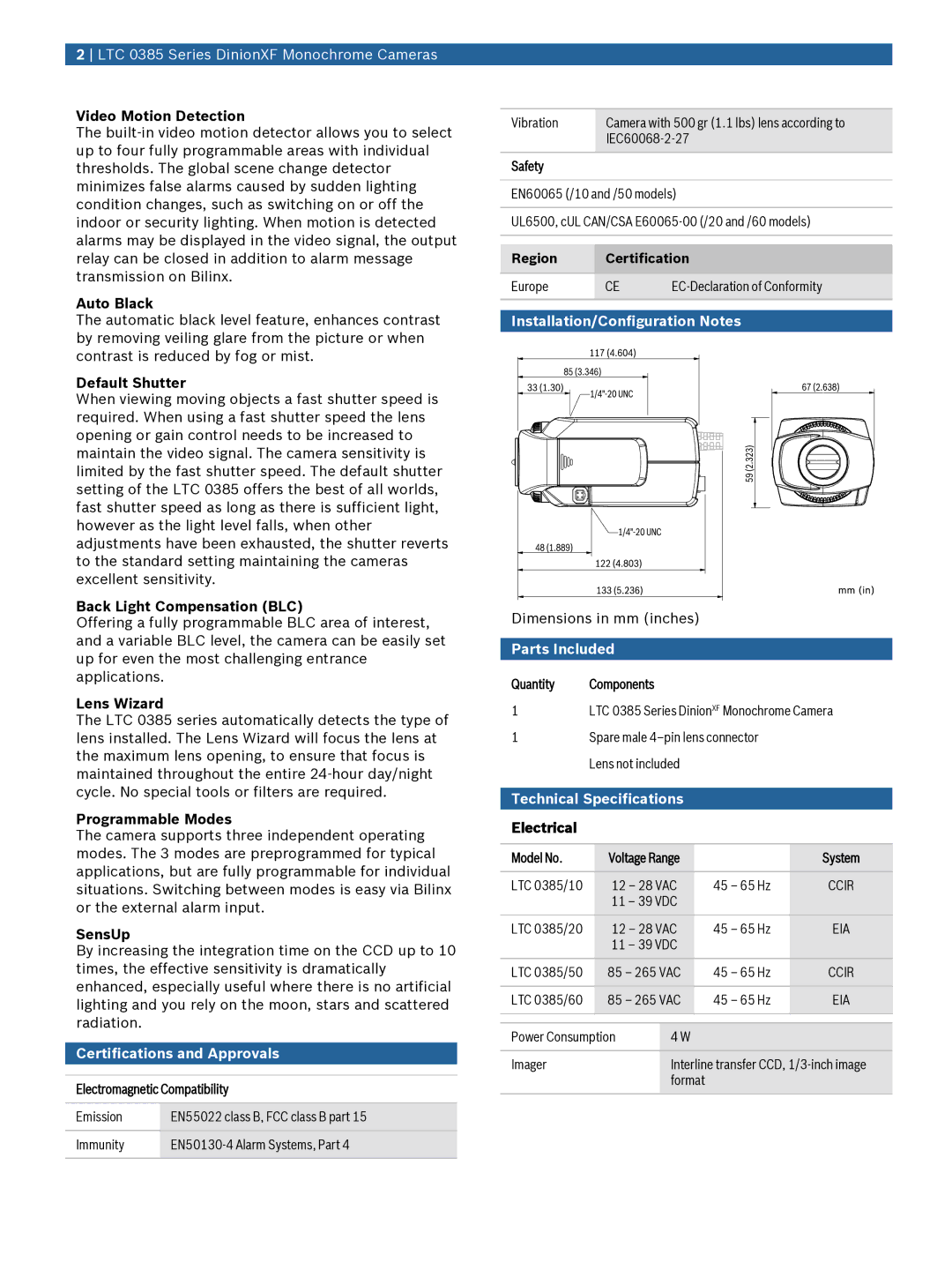 Bosch Appliances LTC385 manual Certifications and Approvals, Installation/Configuration Notes, Parts Included 