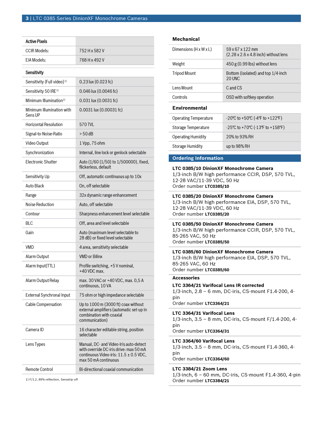 Bosch Appliances LTC385 manual Mechanical, Environmental, Ordering Information 