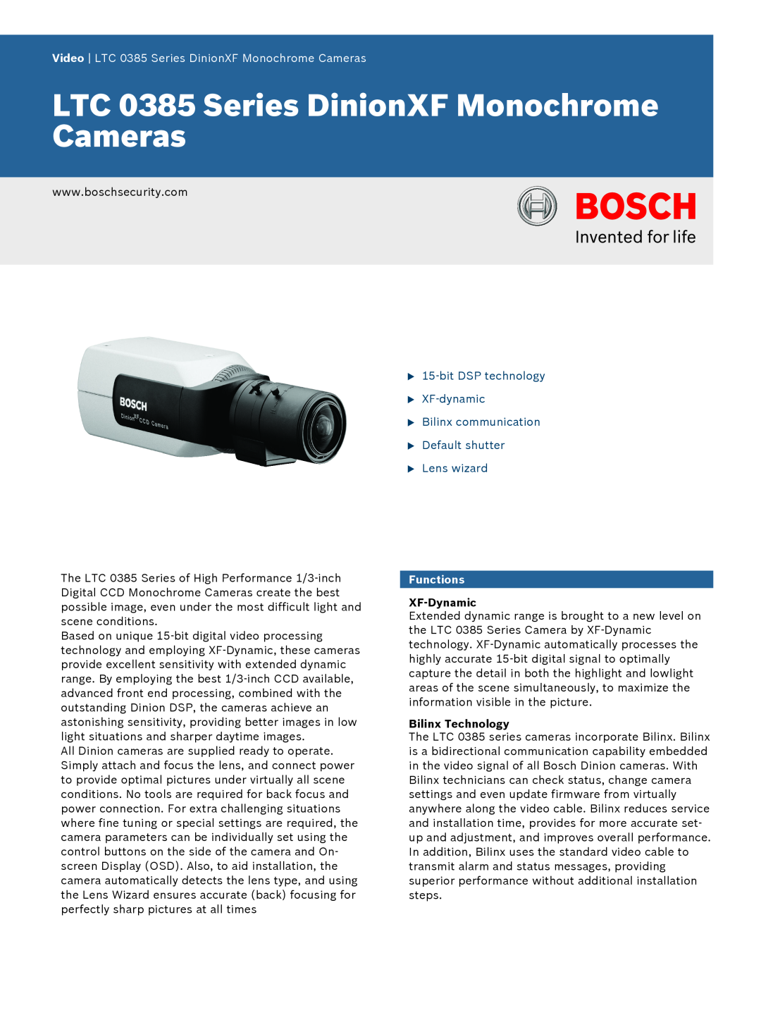 Bosch Appliances LTC385 manual Functions, XF-Dynamic, Bilinx Technology, LTC 0385 Series DinionXF Monochrome Cameras 