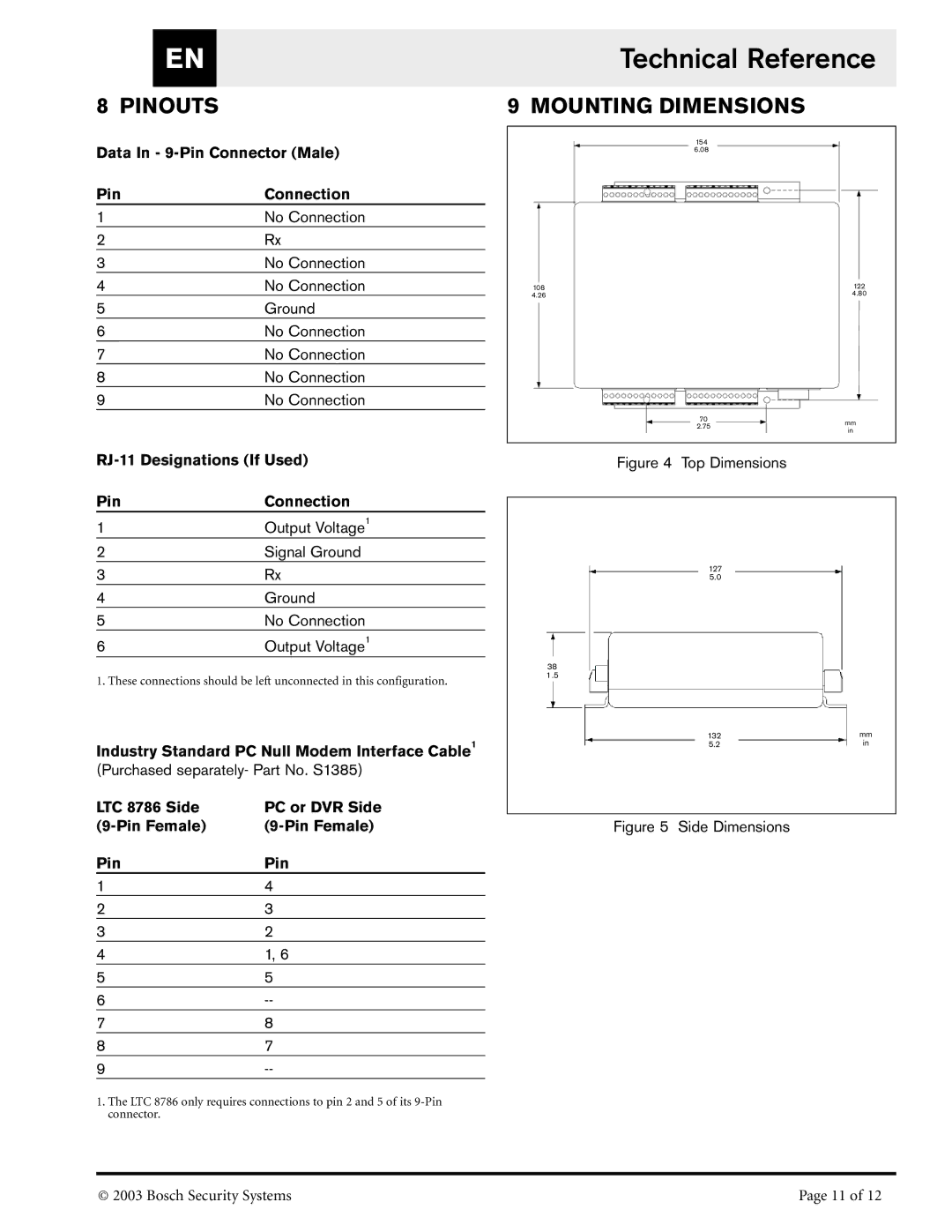 Bosch Appliances LTC8786/50, LTC8786/60, RS-232 installation instructions Technical Reference, Pinouts Mounting Dimensions 