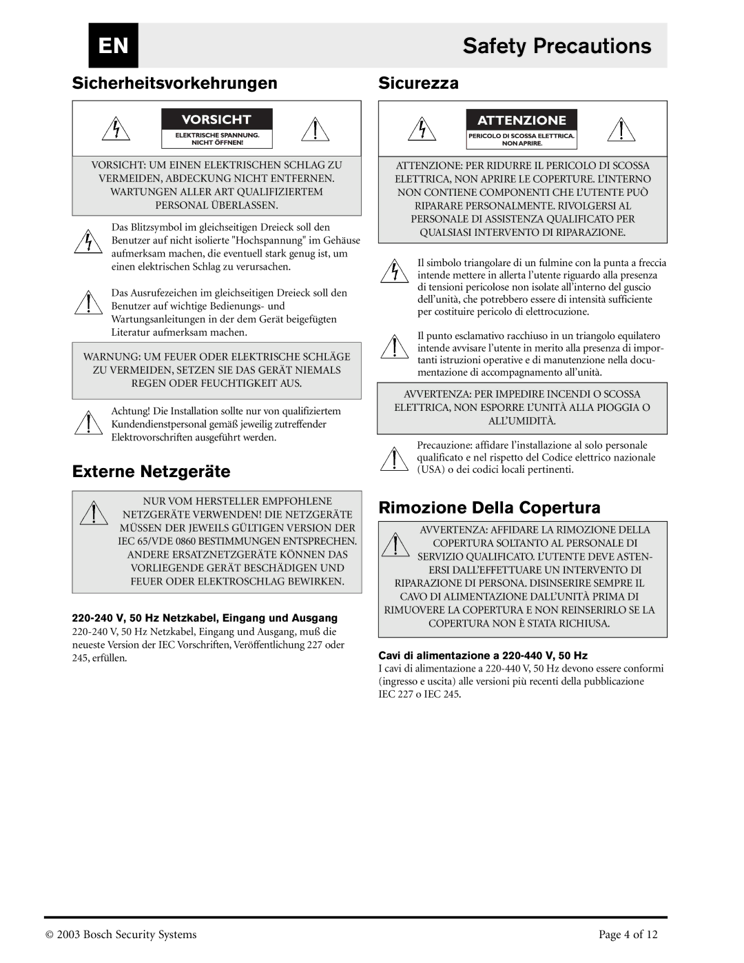 Bosch Appliances RS-232, LTC8786/60 SicherheitsvorkehrungenSicurezza, Externe Netzgeräte, Rimozione Della Copertura 