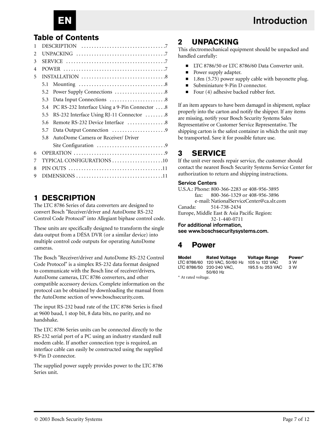 Bosch Appliances RS-232, LTC8786/60, LTC8786/50 installation instructions Introduction, Description, Unpacking, Service 