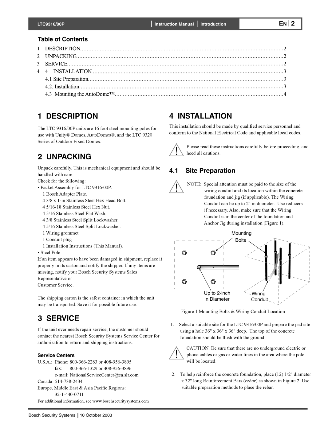 Bosch Appliances LTC9316, 00P 4.1Site Preparation, Description, Unpacking, Installation, Service, Table of Contents 
