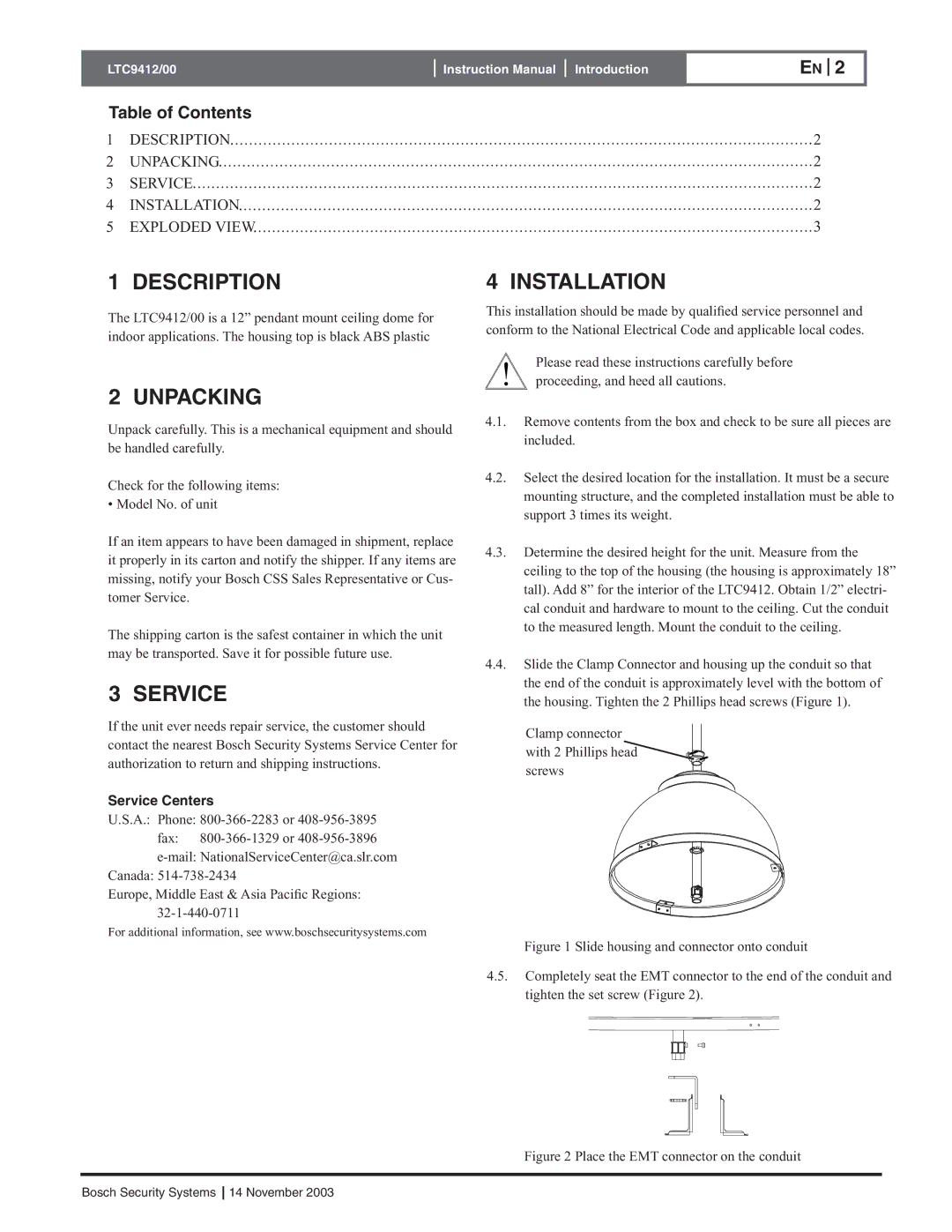 Bosch Appliances LTC9412/00 installation manual Description, Unpacking, Service, Installation 