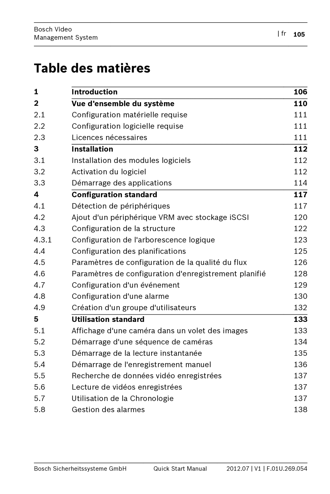 Bosch Appliances MBV-BPRO-40 Table des matières, Introduction 106 Vue densemble du système 110, Installation 112 