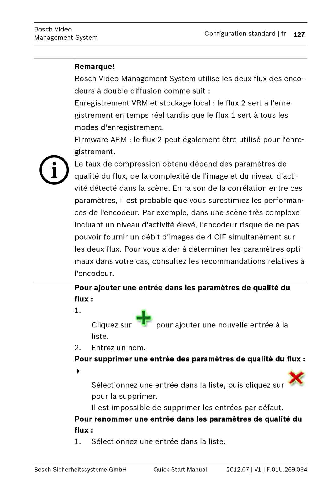 Bosch Appliances MBV-BPRO-40 quick start manual Pour supprimer une entrée des paramètres de qualité du flux 