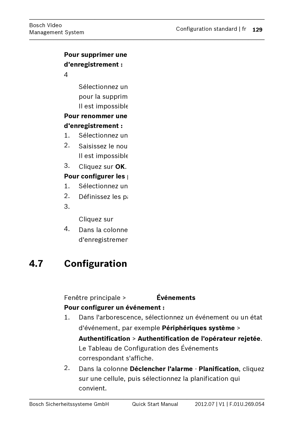 Bosch Appliances MBV-BPRO-40 quick start manual Configuration dun événement, Pour configurer les paramètres denregistrement 