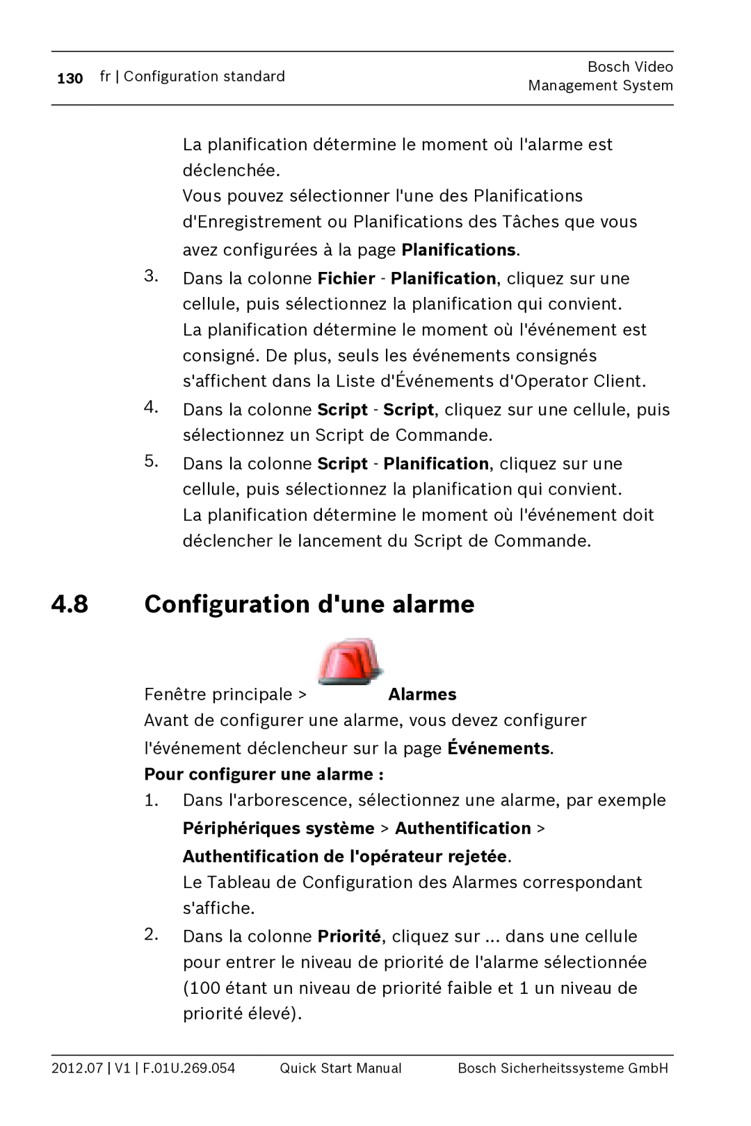 Bosch Appliances MBV-BPRO-40 quick start manual Configuration dune alarme, Pour configurer une alarme 