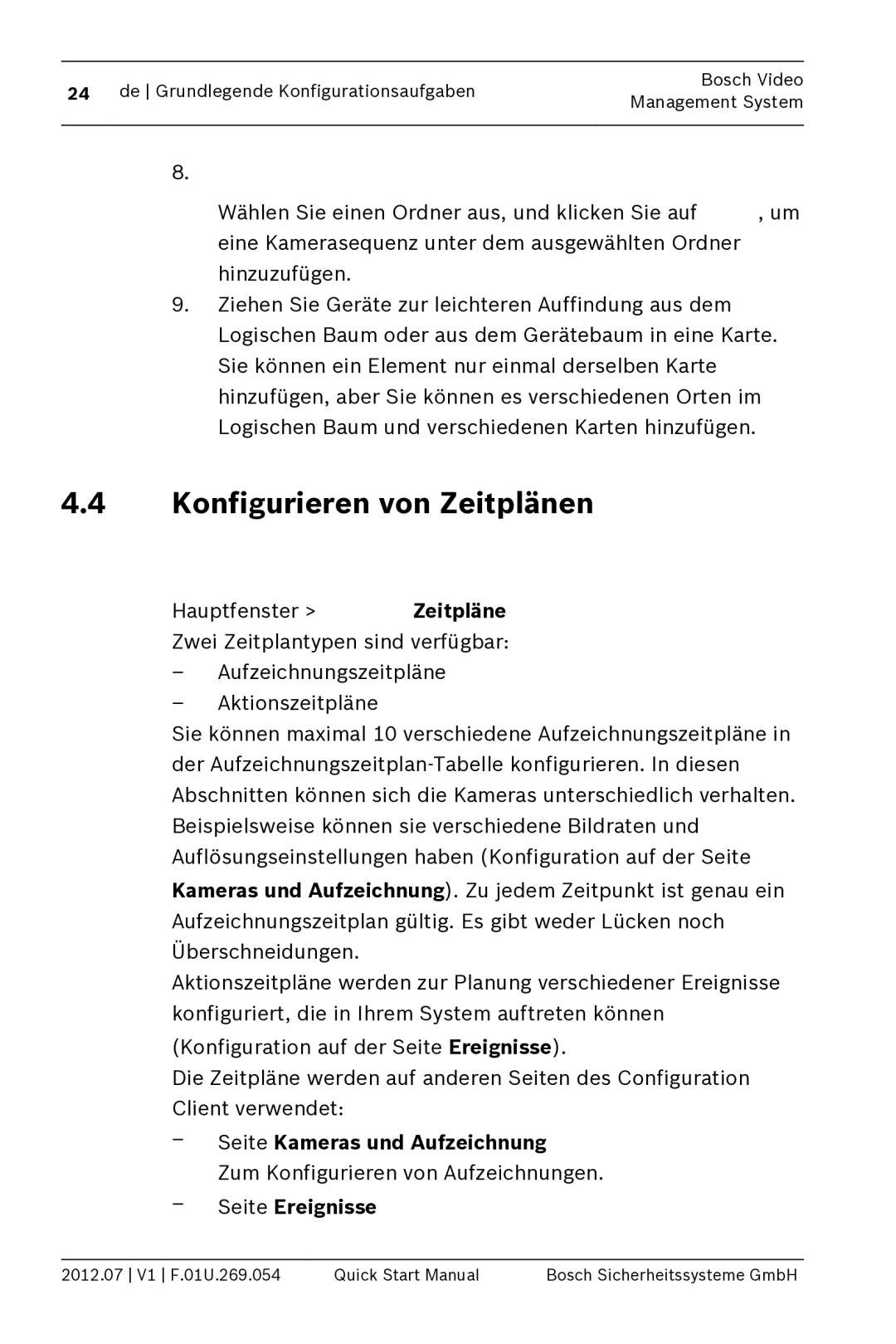 Bosch Appliances MBV-BPRO-40 Konfigurieren von Zeitplänen, Seite Kameras und Aufzeichnung, Seite Ereignisse 