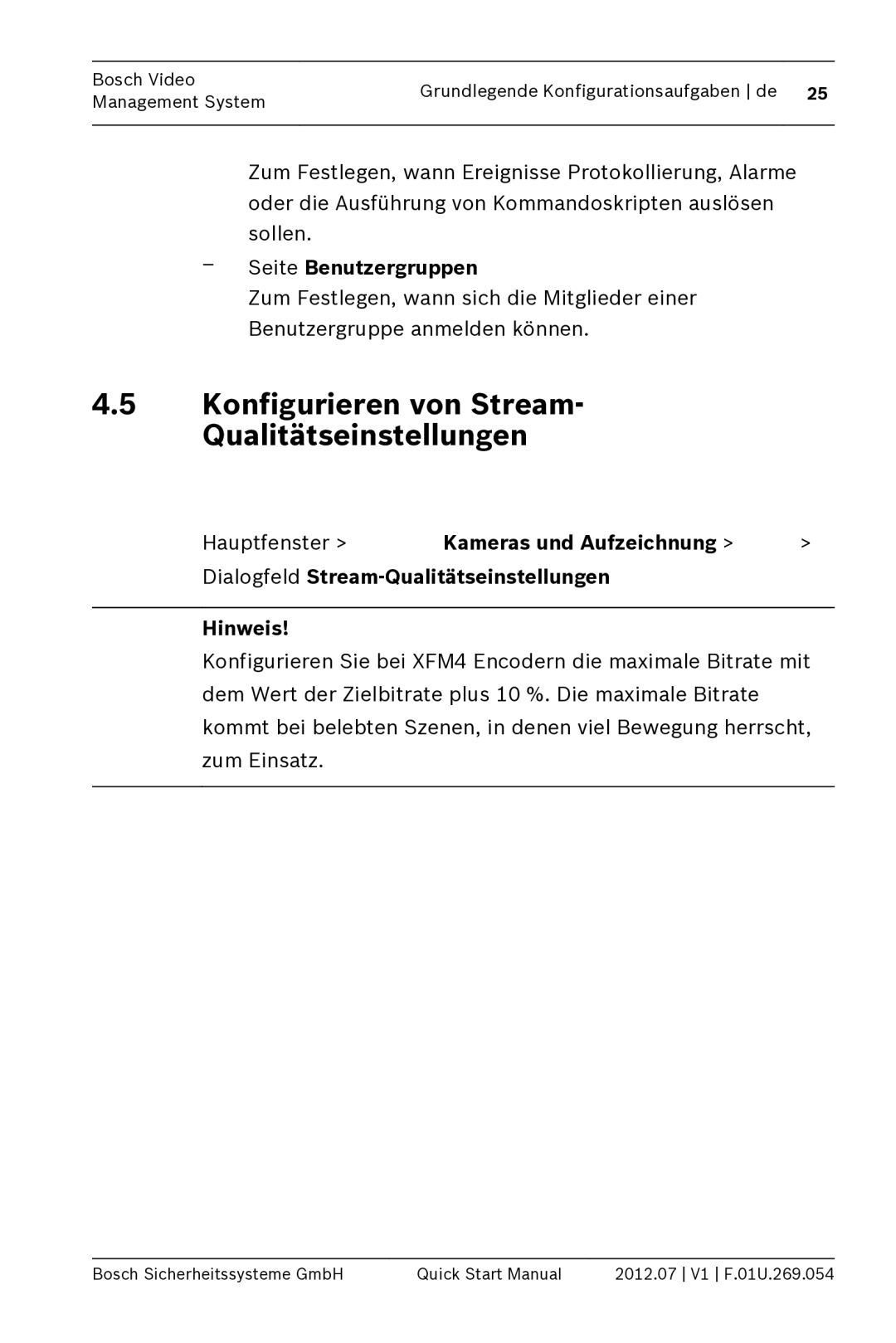 Bosch Appliances MBV-BPRO-40 quick start manual Konfigurieren von Stream- Qualitätseinstellungen, Seite Benutzergruppen 