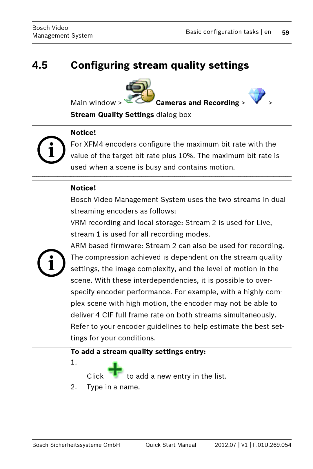 Bosch Appliances MBV-BPRO-40 quick start manual Configuring stream quality settings, To add a stream quality settings entry 