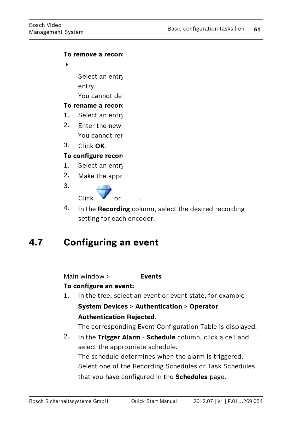 Bosch Appliances MBV-BPRO-40 Configuring an event, To remove a recording settings entry, To configure recording settings 