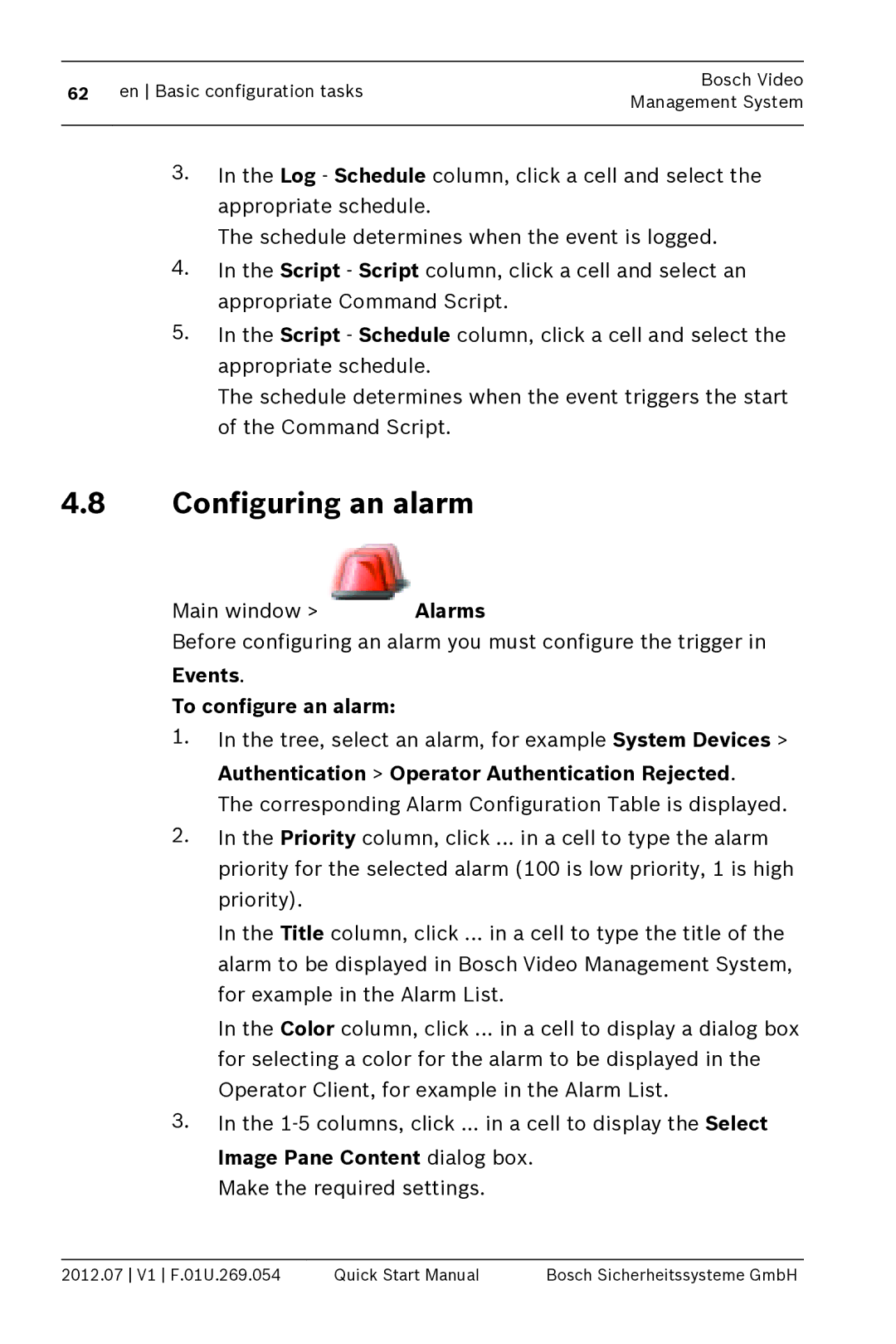 Bosch Appliances MBV-BPRO-40 quick start manual Configuring an alarm, To configure an alarm 