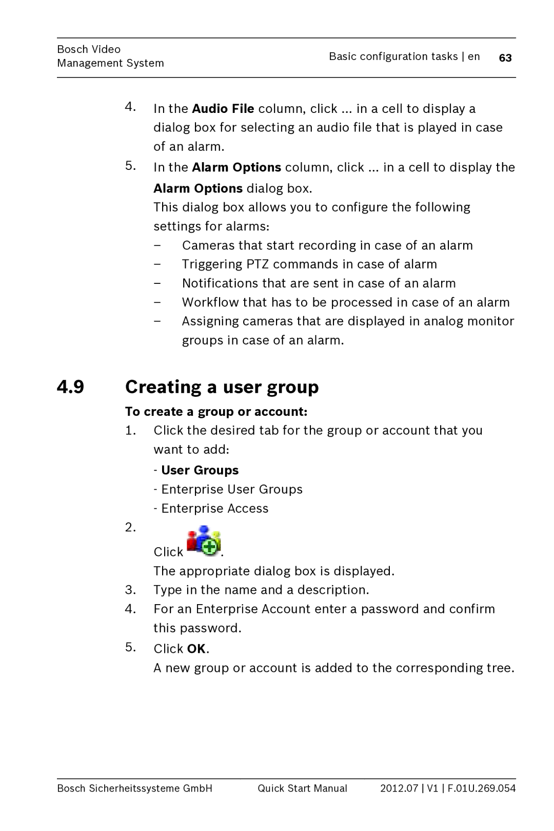 Bosch Appliances MBV-BPRO-40 quick start manual Creating a user group, To create a group or account 