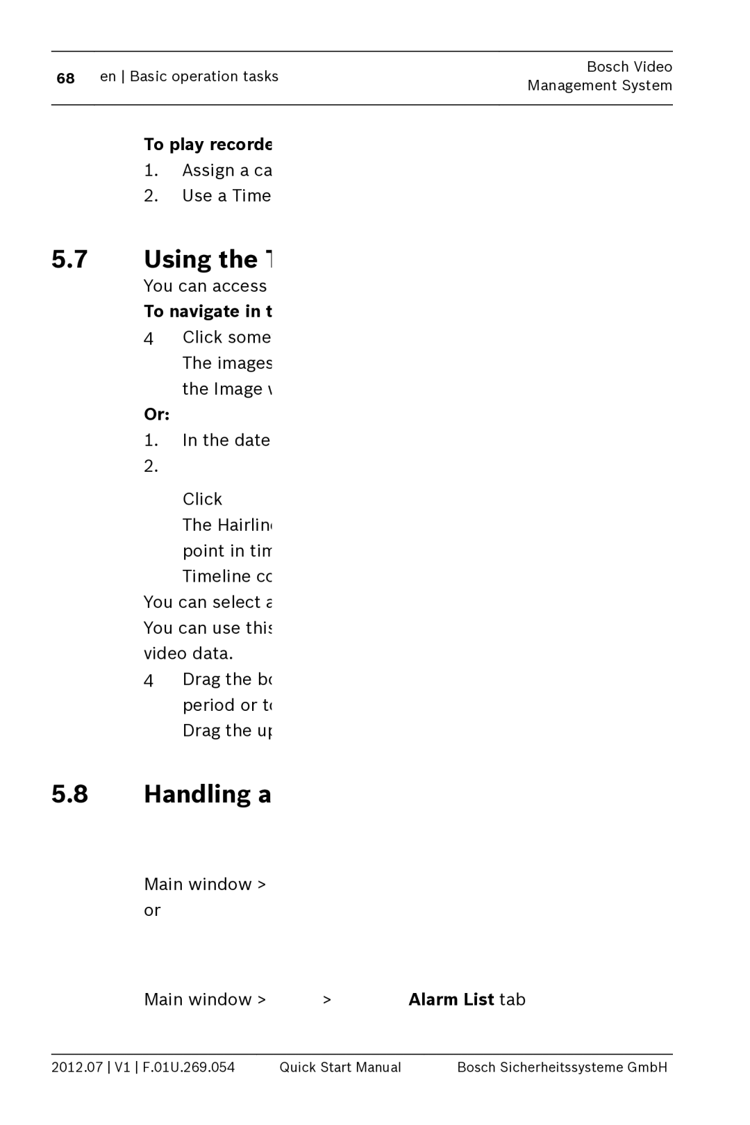 Bosch Appliances MBV-BPRO-40 quick start manual Using the Timeline, Handling alarms 