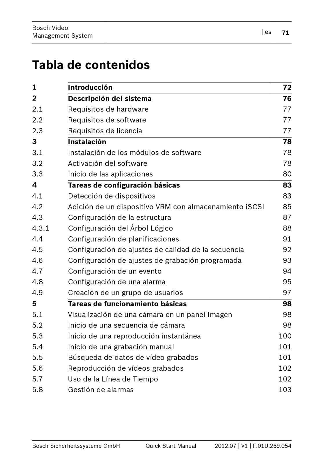 Bosch Appliances MBV-BPRO-40 quick start manual Tabla de contenidos, Introducción Descripción del sistema, Instalación 