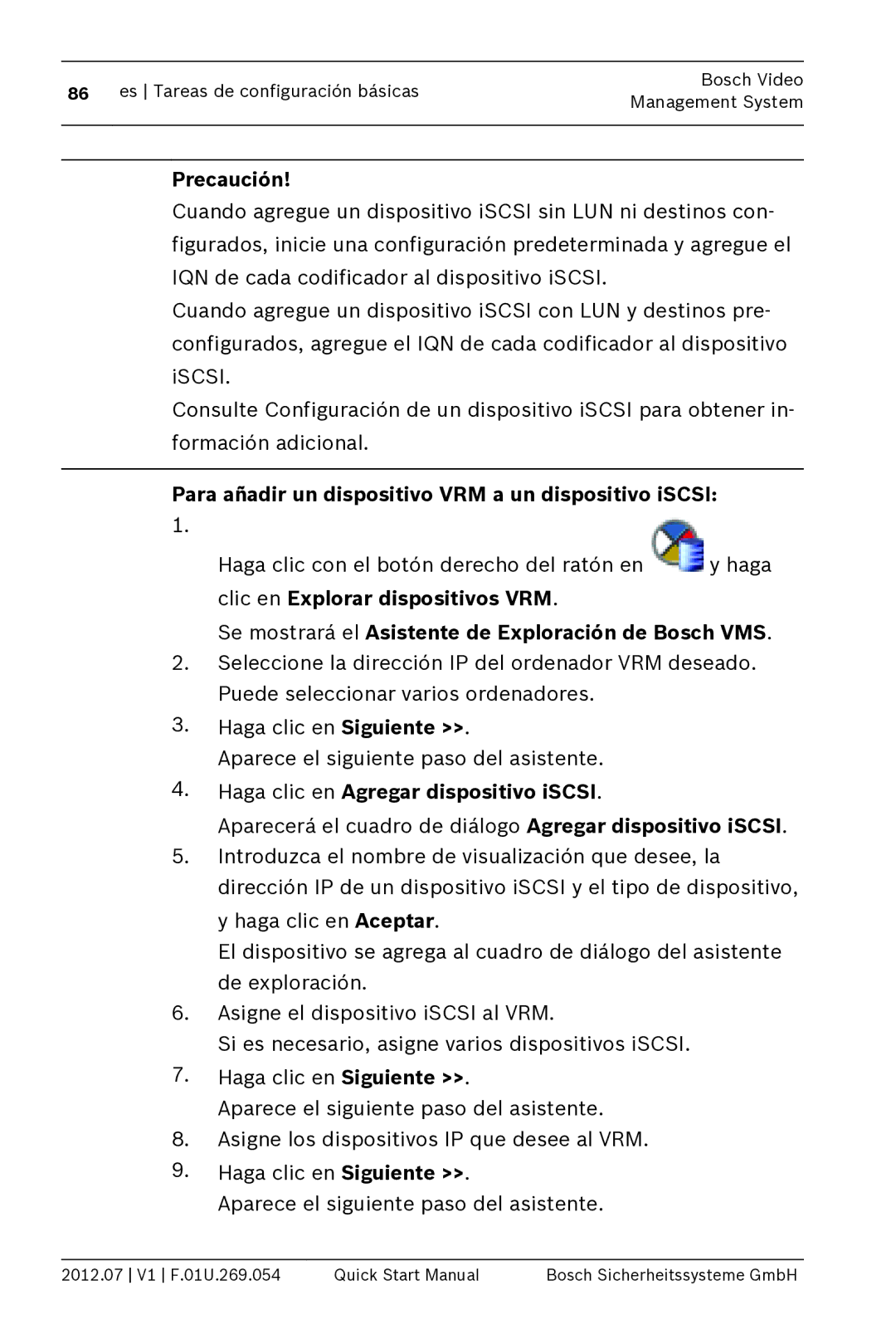 Bosch Appliances MBV-BPRO-40 quick start manual Para añadir un dispositivo VRM a un dispositivo iSCSI 