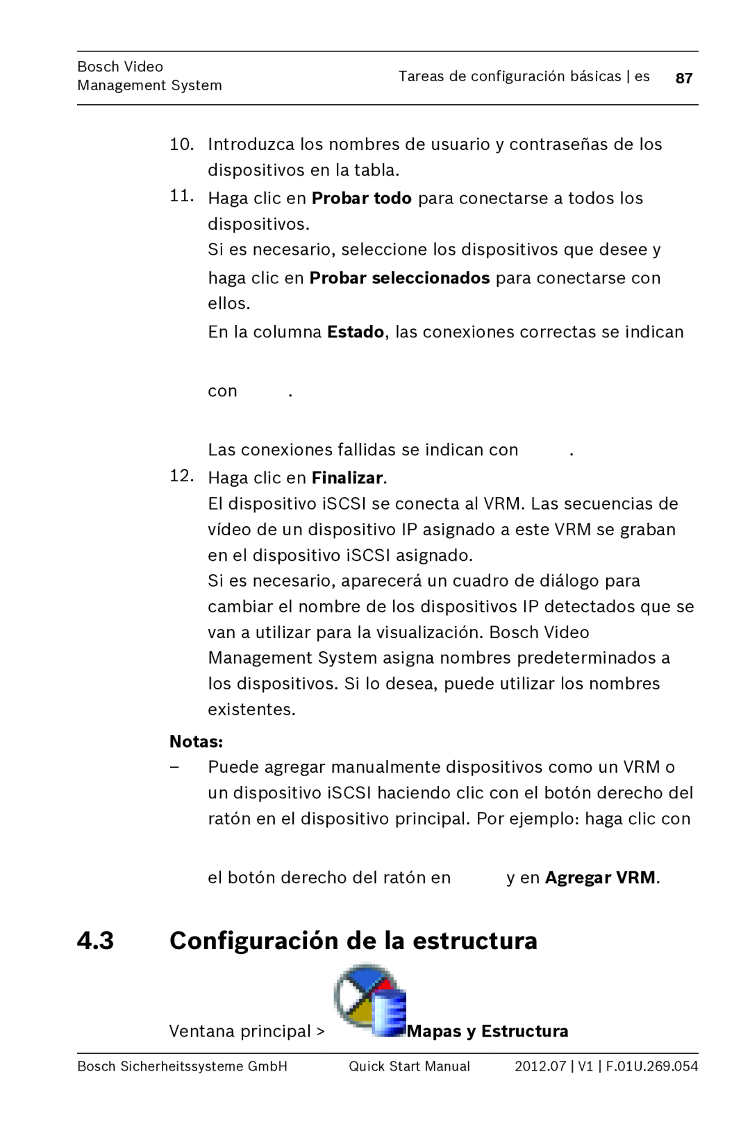 Bosch Appliances MBV-BPRO-40 quick start manual Configuración de la estructura, Notas, Ventana principal Mapas y Estructura 