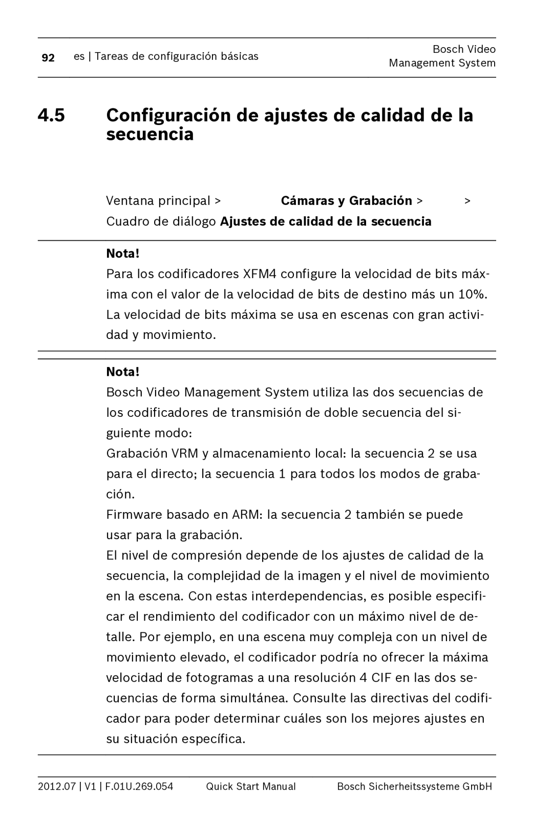 Bosch Appliances MBV-BPRO-40 quick start manual Configuración de ajustes de calidad de la secuencia, Nota 