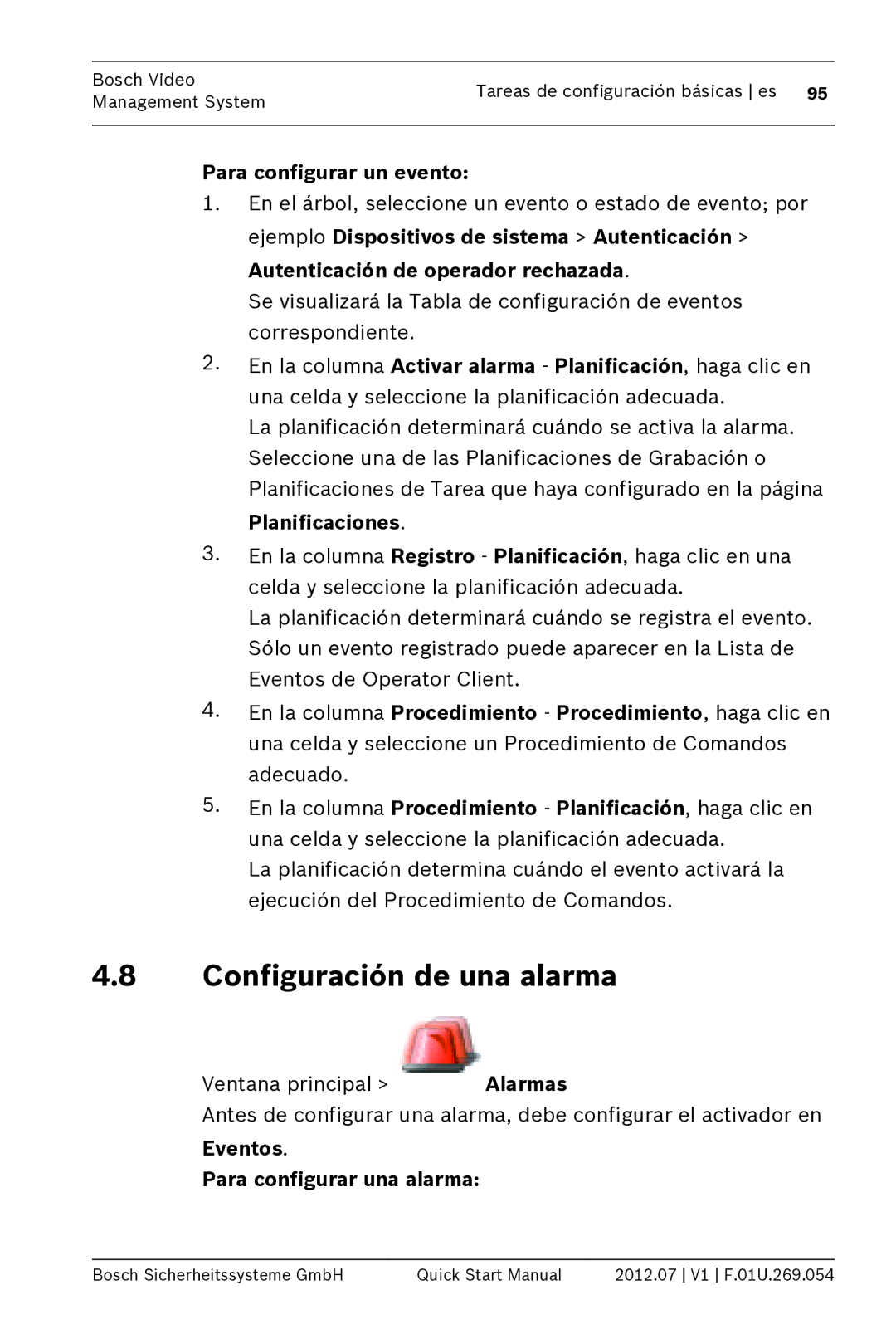 Bosch Appliances MBV-BPRO-40 Configuración de una alarma, Para configurar un evento, Para configurar una alarma 