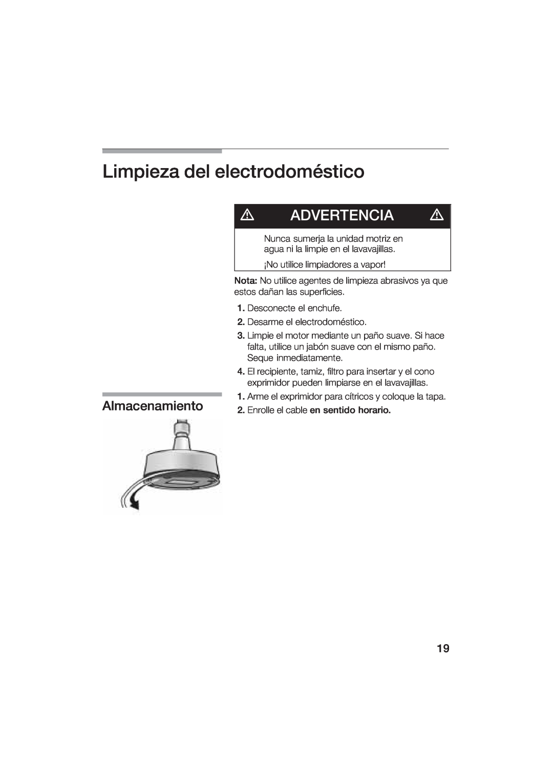 Bosch Appliances MCP 3500 manual Limpieza del electrodomstico, Advertencia, Almacenamiento 