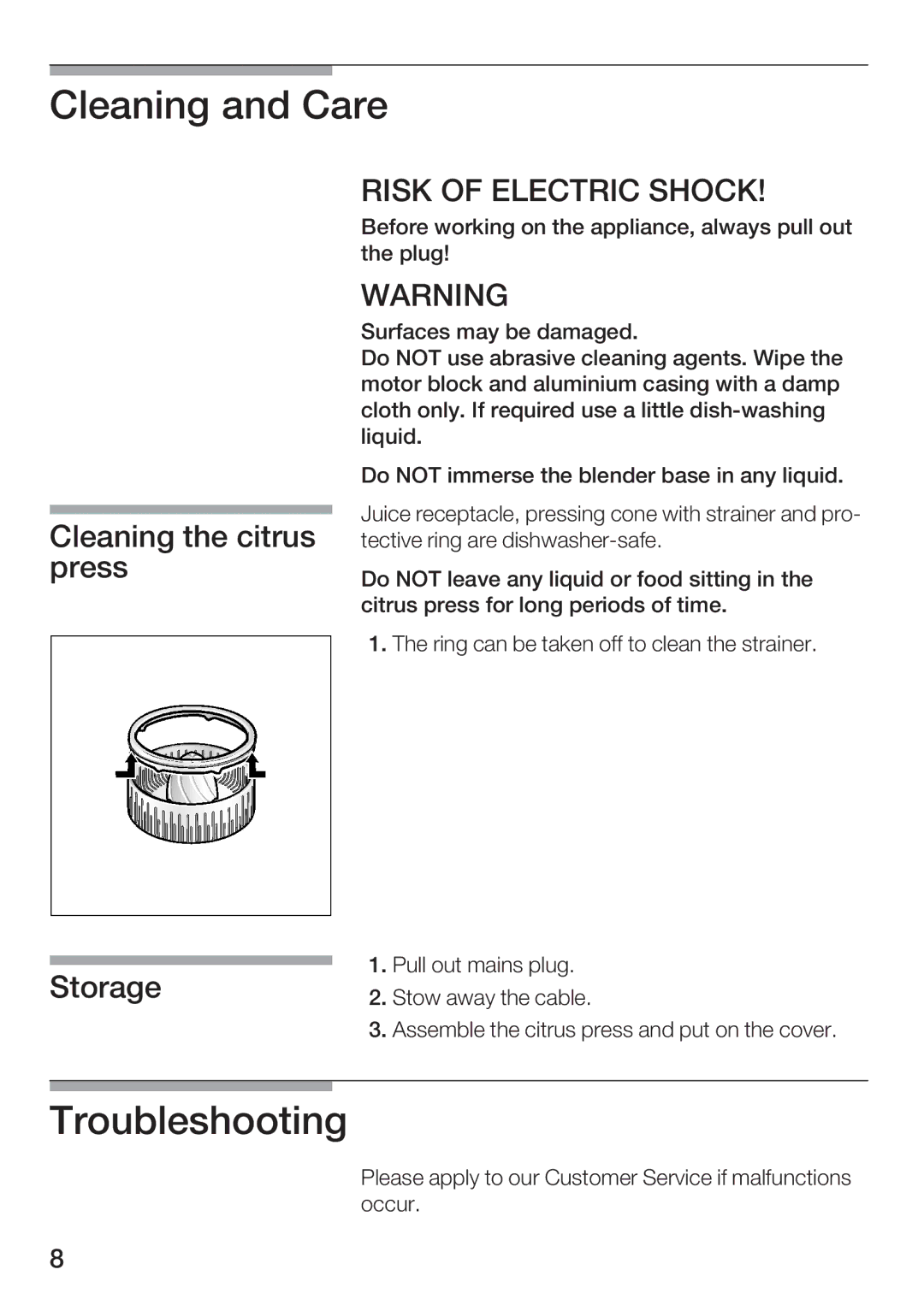 Bosch Appliances MCP 9110 UC manual Cleaning and Care, Troubleshooting, Cleaning the citrus tective, Press, Storage 