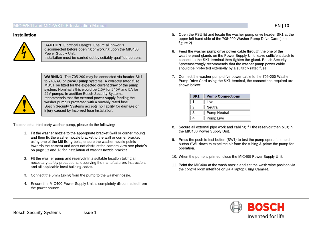 Bosch Appliances MIC-WKT-IR installation manual Installation, SK1 