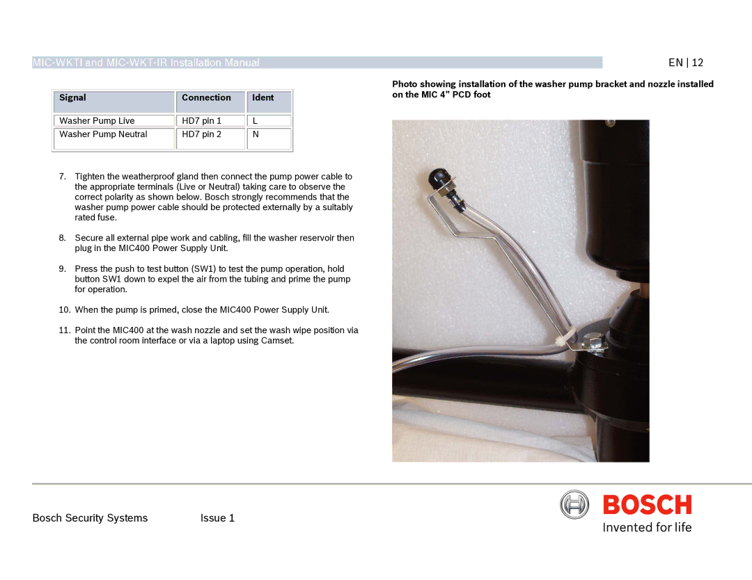 Bosch Appliances MIC-WKT-IR installation manual Signal Connection 