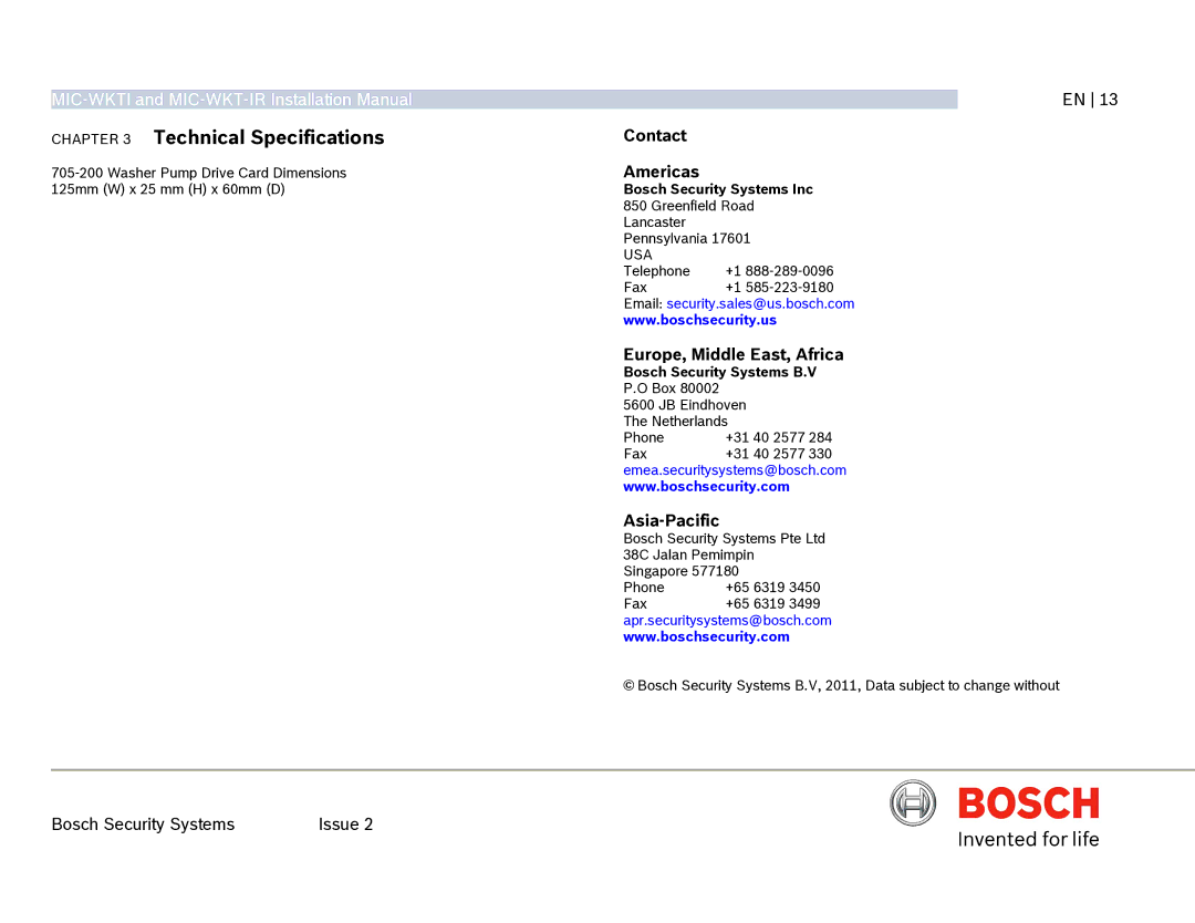 Bosch Appliances MIC-WKT-IR installation manual Contact Americas, Europe, Middle East, Africa, Asia-Pacific 