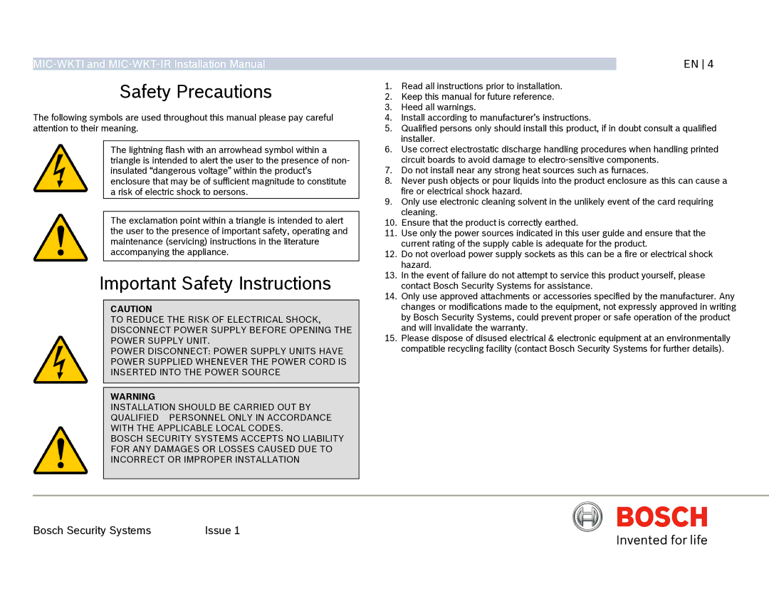 Bosch Appliances MIC-WKT-IR installation manual Safety Precautions 