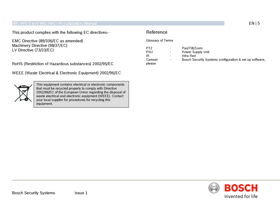 Bosch Appliances MIC-WKT-IR installation manual Reference 