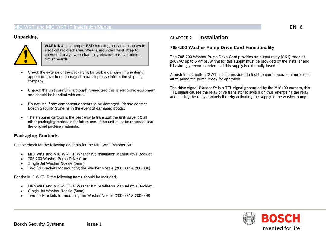 Bosch Appliances MIC-WKT-IR installation manual Unpacking, Packaging Contents, Washer Pump Drive Card Functionality 