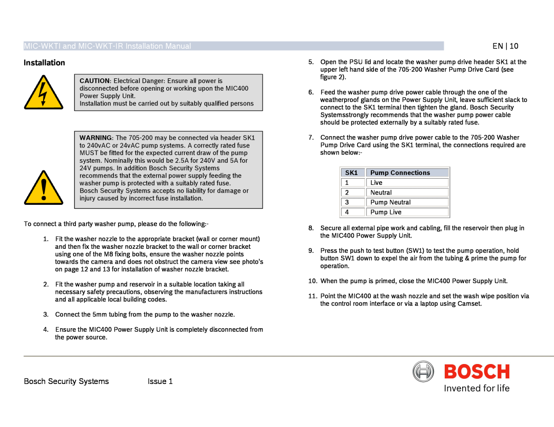 Bosch Appliances installation manual MIC-WKTIand MIC-WKT-IRInstallation Manual, Pump Connections 