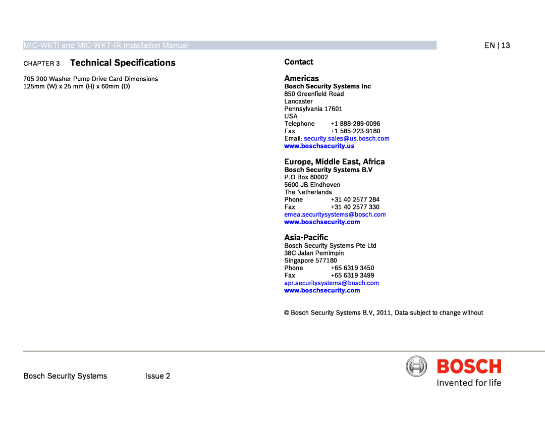 Bosch Appliances MIC-WKT-IR Technical Specifications, Contact Americas, Europe, Middle East, Africa, Asia-Pacific 