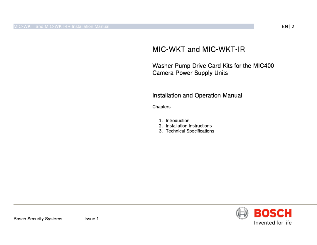 Bosch Appliances installation manual MIC-WKTand MIC-WKT-IR, MIC-WKTIand MIC-WKT-IRInstallation Manual, En 