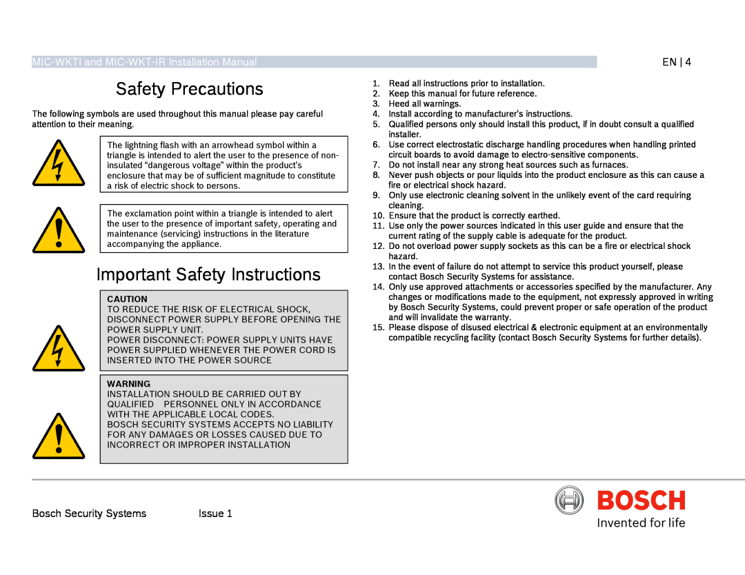 Bosch Appliances Safety Precautions, Important Safety Instructions, MIC-WKTIand MIC-WKT-IRInstallation Manual, En 