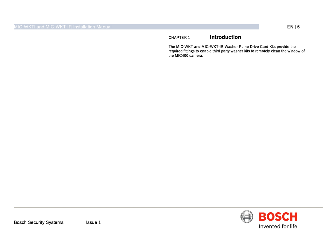 Bosch Appliances installation manual Introduction, MIC-WKTIand MIC-WKT-IRInstallation Manual, En, Chapter 