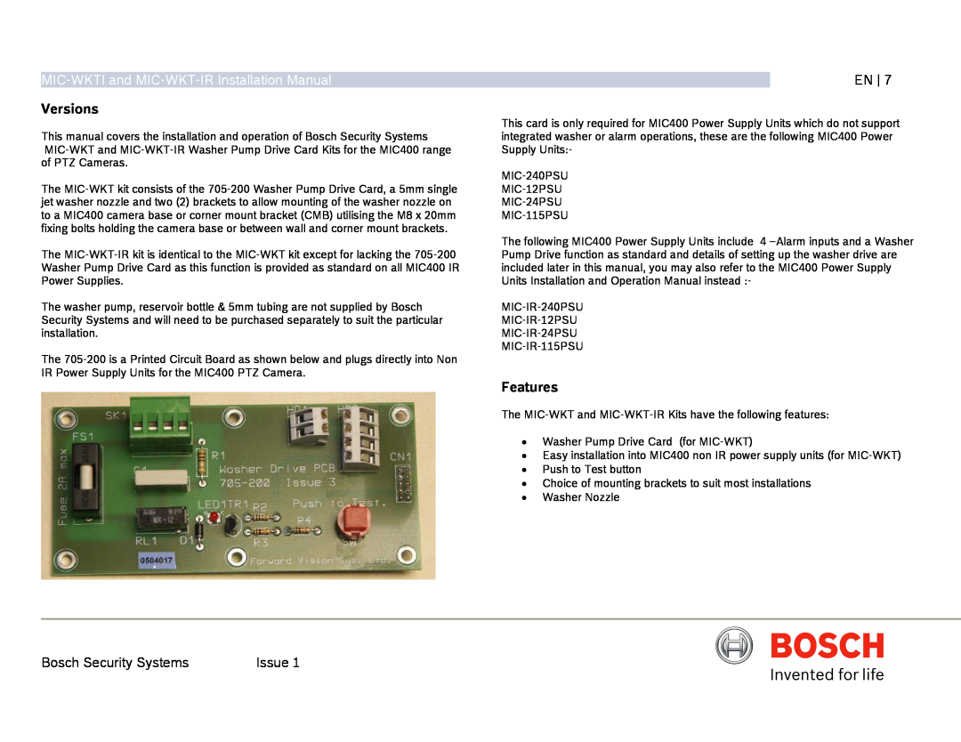 Bosch Appliances installation manual Versions, Features, MIC-WKTIand MIC-WKT-IRInstallation Manual 