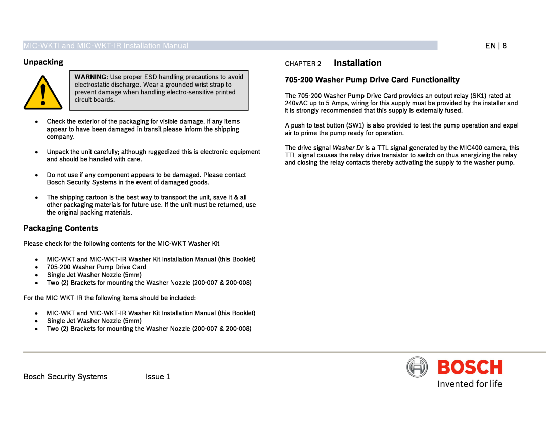Bosch Appliances MIC-WKT Installation, Unpacking, Packaging Contents, 705-200Washer Pump Drive Card Functionality 