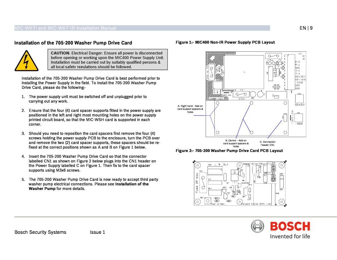 Bosch Appliances Installation of the 705-200Washer Pump Drive Card, MIC-WKTIand MIC-WKT-IRInstallation Manual 