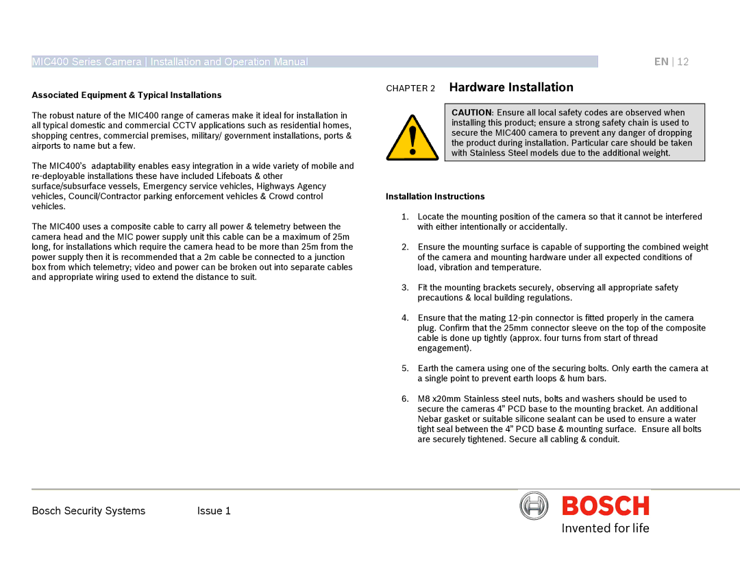 Bosch Appliances MIC400AL operation manual Associated Equipment & Typical Installations, Installation Instructions 