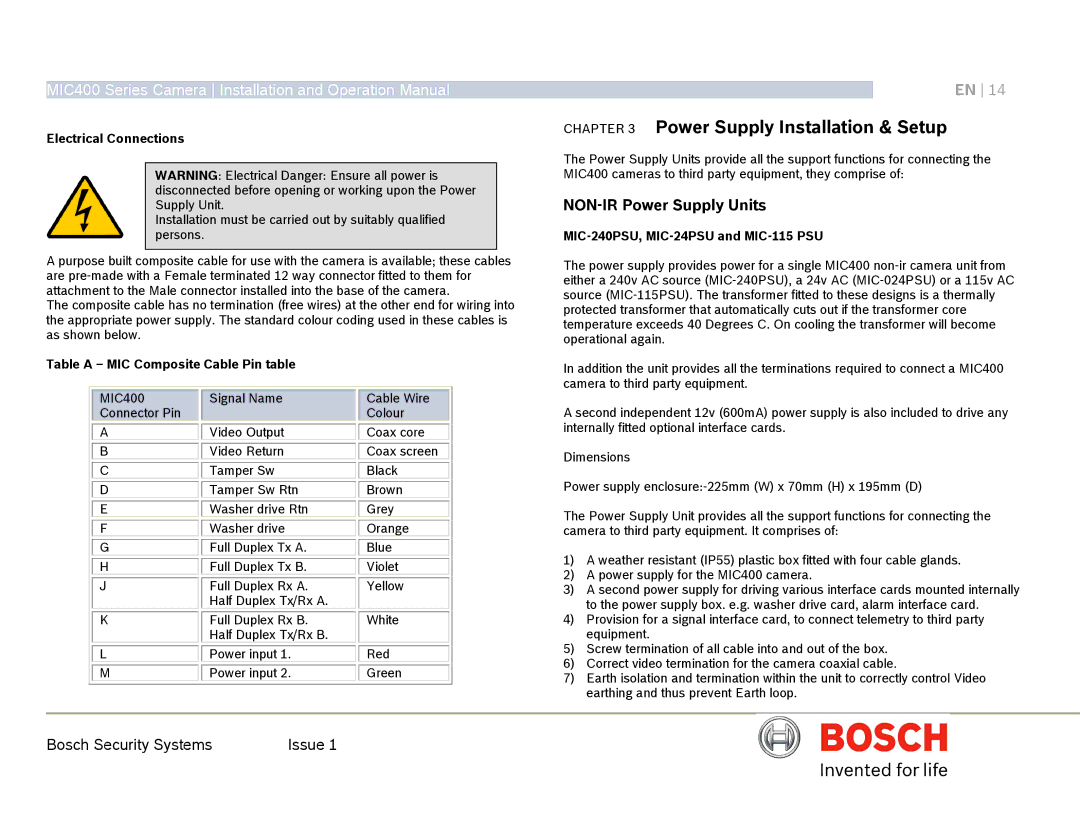 Bosch Appliances MIC400AL NON-IR Power Supply Units, Electrical Connections, Table a MIC Composite Cable Pin table 