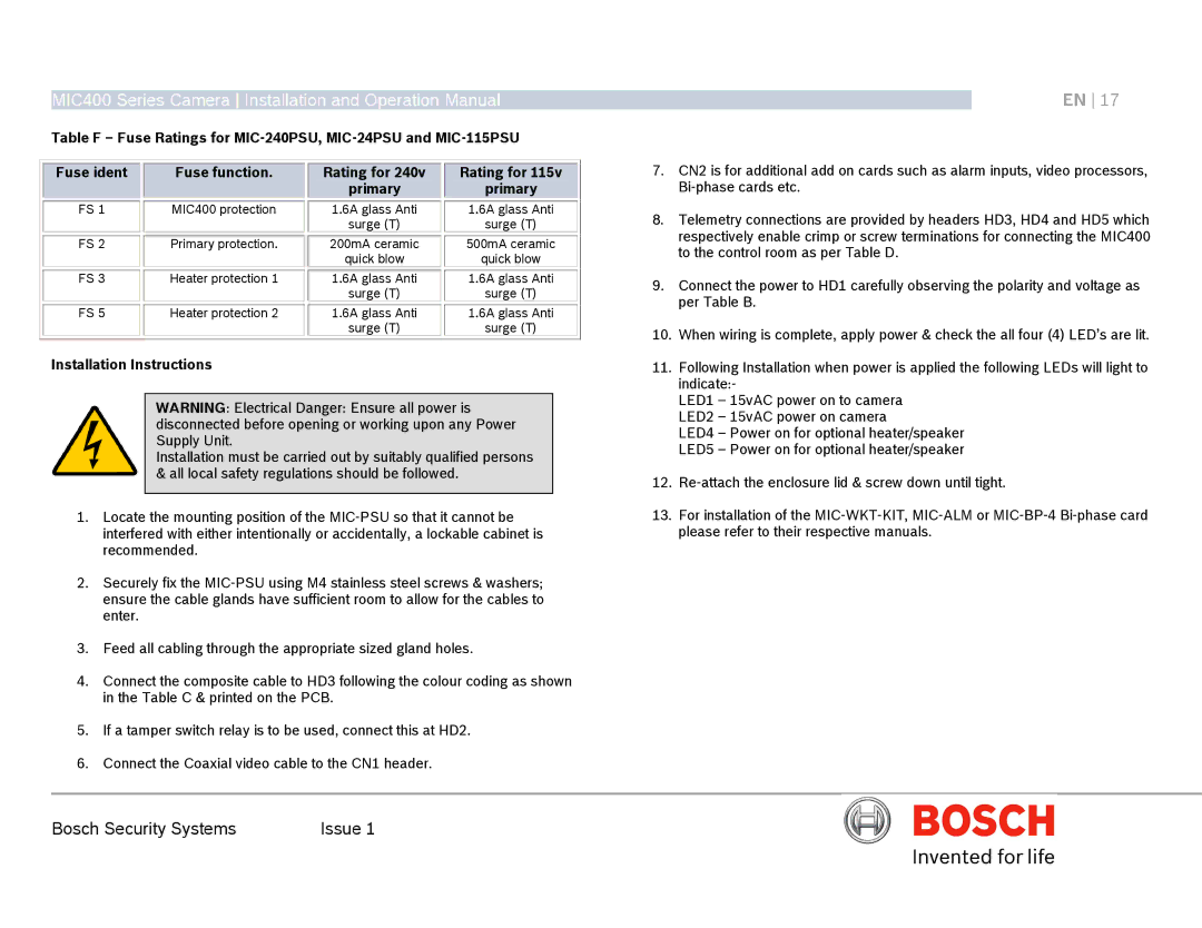 Bosch Appliances MIC400AL operation manual Rating for Primary, Bi-phase cards etc 