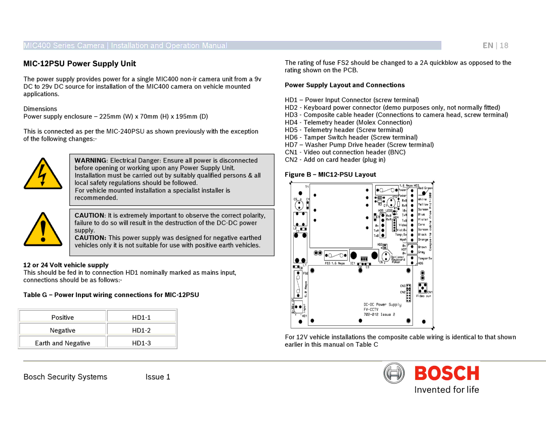 Bosch Appliances MIC400AL operation manual MIC-12PSU Power Supply Unit, 12 or 24 Volt vehicle supply 