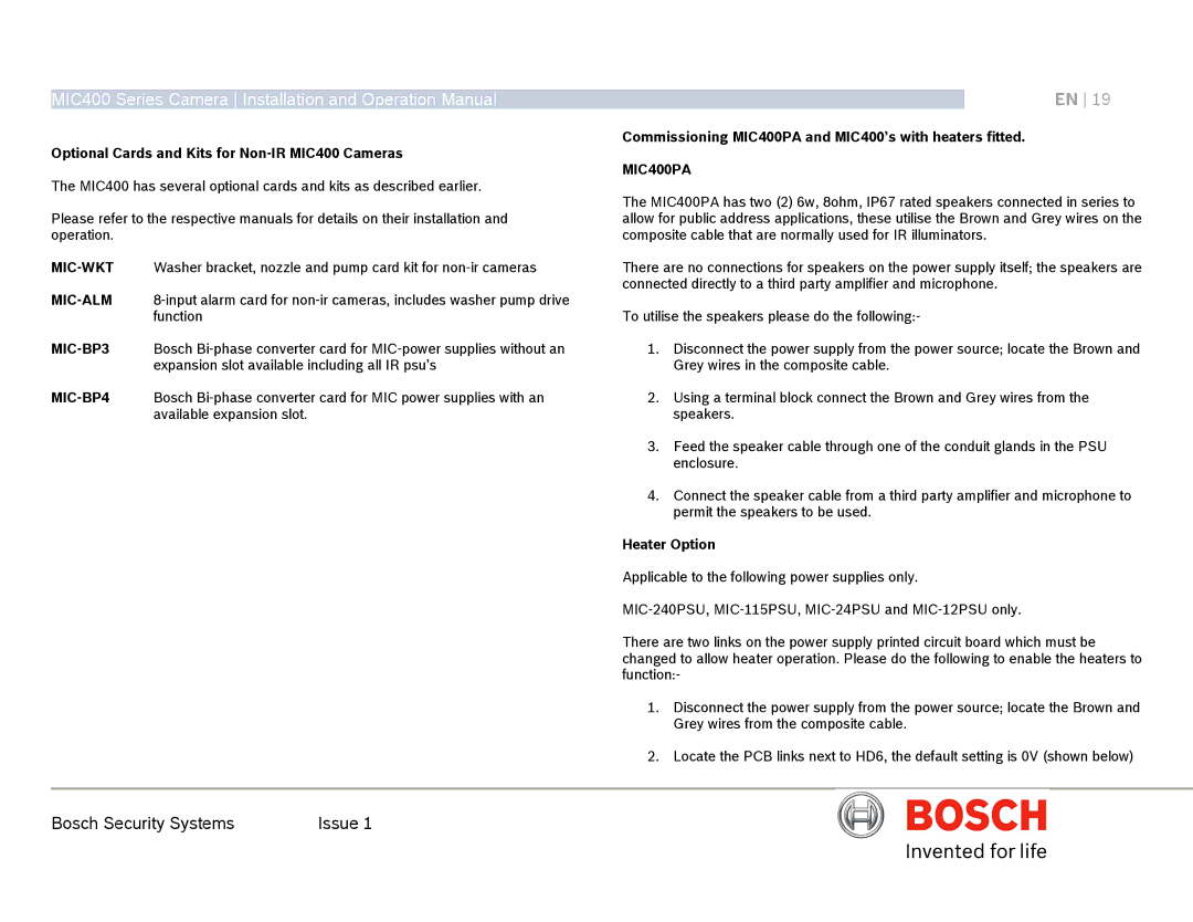 Bosch Appliances MIC400AL operation manual Optional Cards and Kits for Non-IR MIC400 Cameras, MIC400PA, Heater Option 