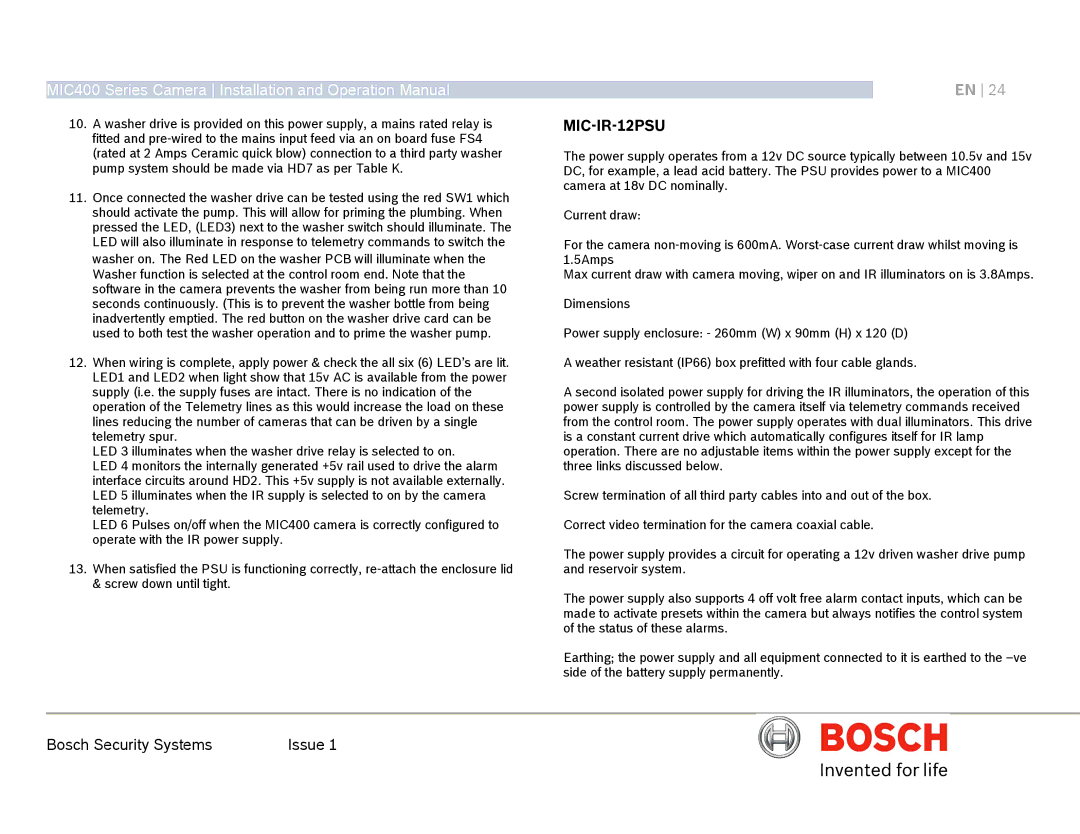 Bosch Appliances MIC400AL operation manual MIC-IR-12PSU 